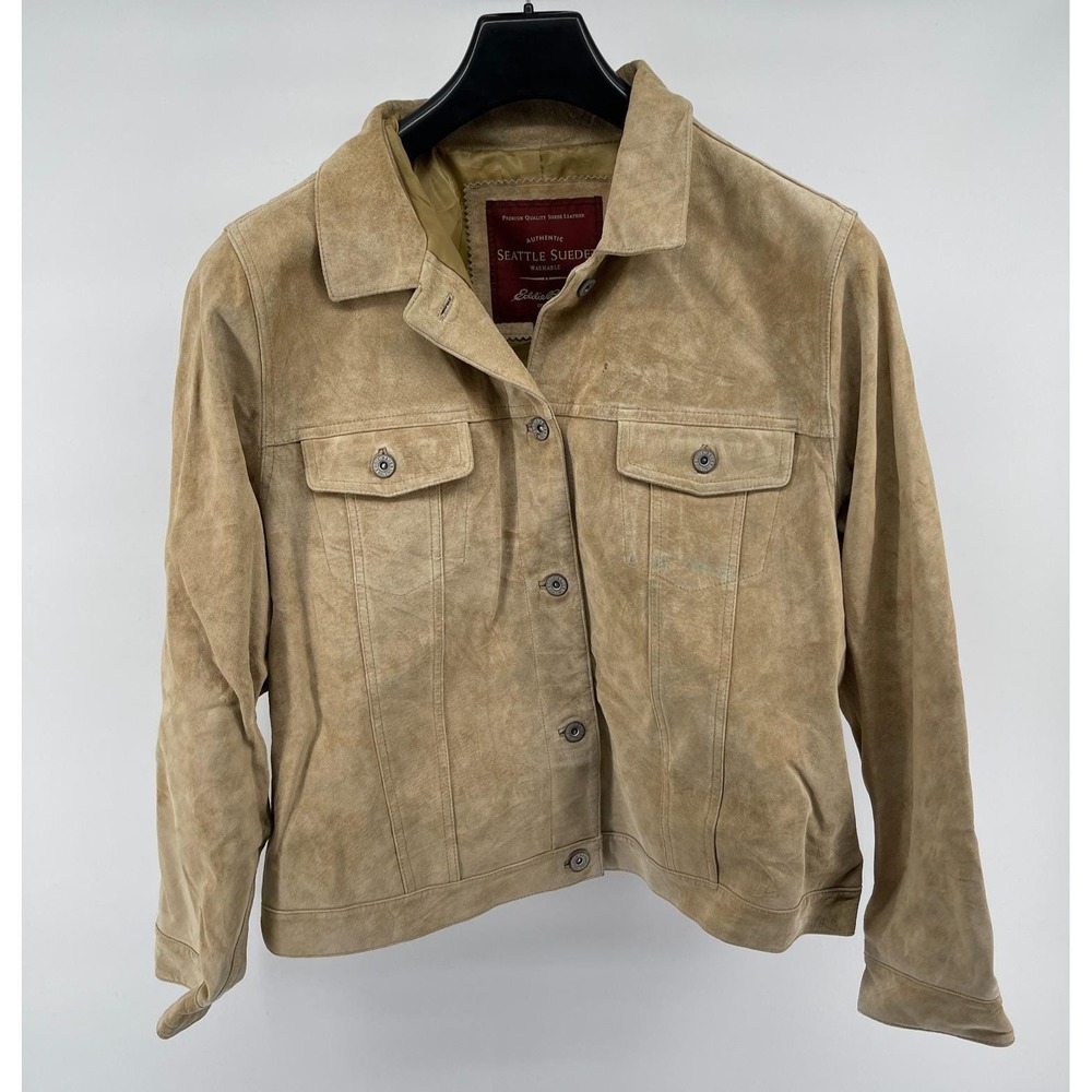 Vintage 90s Eddie Bauer Seatle Suede‎ Shirt Jacket Women XL Petite Beige Leather